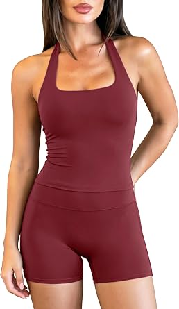 QINSEN 2 Piece Workout Sets for Women Halter Neck Backless Tank Top High Waisted Tummy Control Shorts Yoga Outfits