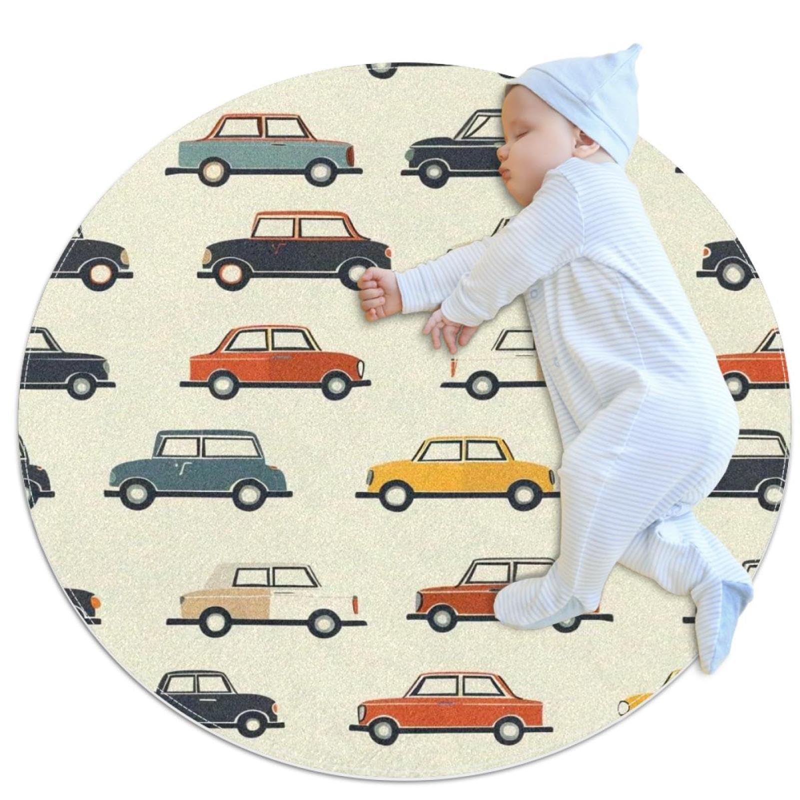 Tapis de salle de bain rond de 1m antidérapant avec motif voiture pour chambre enfant