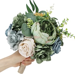 Wedding Bouquets for Bride Bridesmaid Artificial Rose Flower Bouquet Romantic Bridal Bouquet for Wedding Party Church Home Decoration (Green Blue Tones)