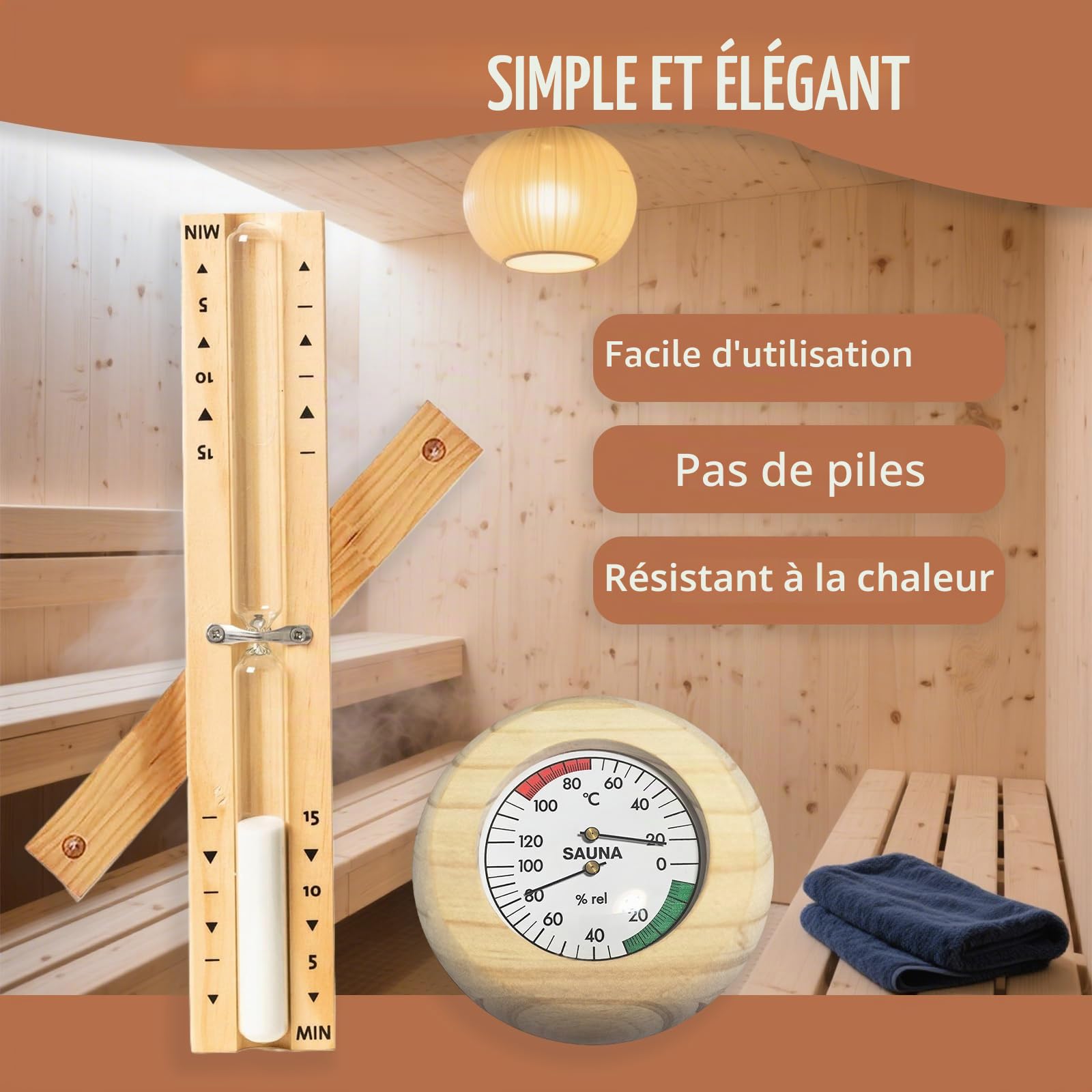 2pcs Thermomètre de Sauna Numérique Rotation du Sablier Sauna 15min + Thermomètre de Sauna Bois 20-100°C Peut être Utilisé Ensemble, Montage Mural avec 2 Vis en Acier Inoxydable