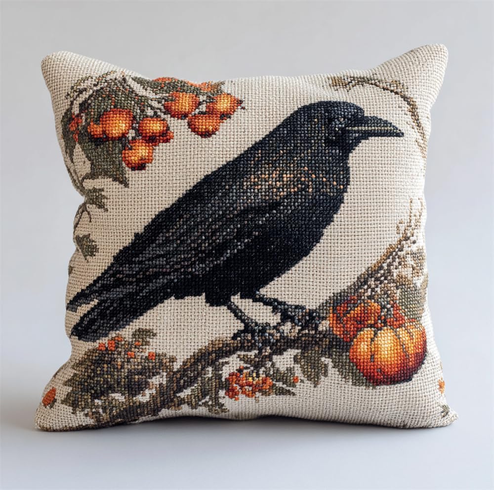 Henypt DIY Needlework Kit Embroidery Pillow Canvas Cushion Halloween Crow 17.7X17.7In(45X45Cm) Cross Stitch Pillowcase Stamped DIY Printed Cross Stitch Pillow Case Kits Embroidery Cushion Pre-Print