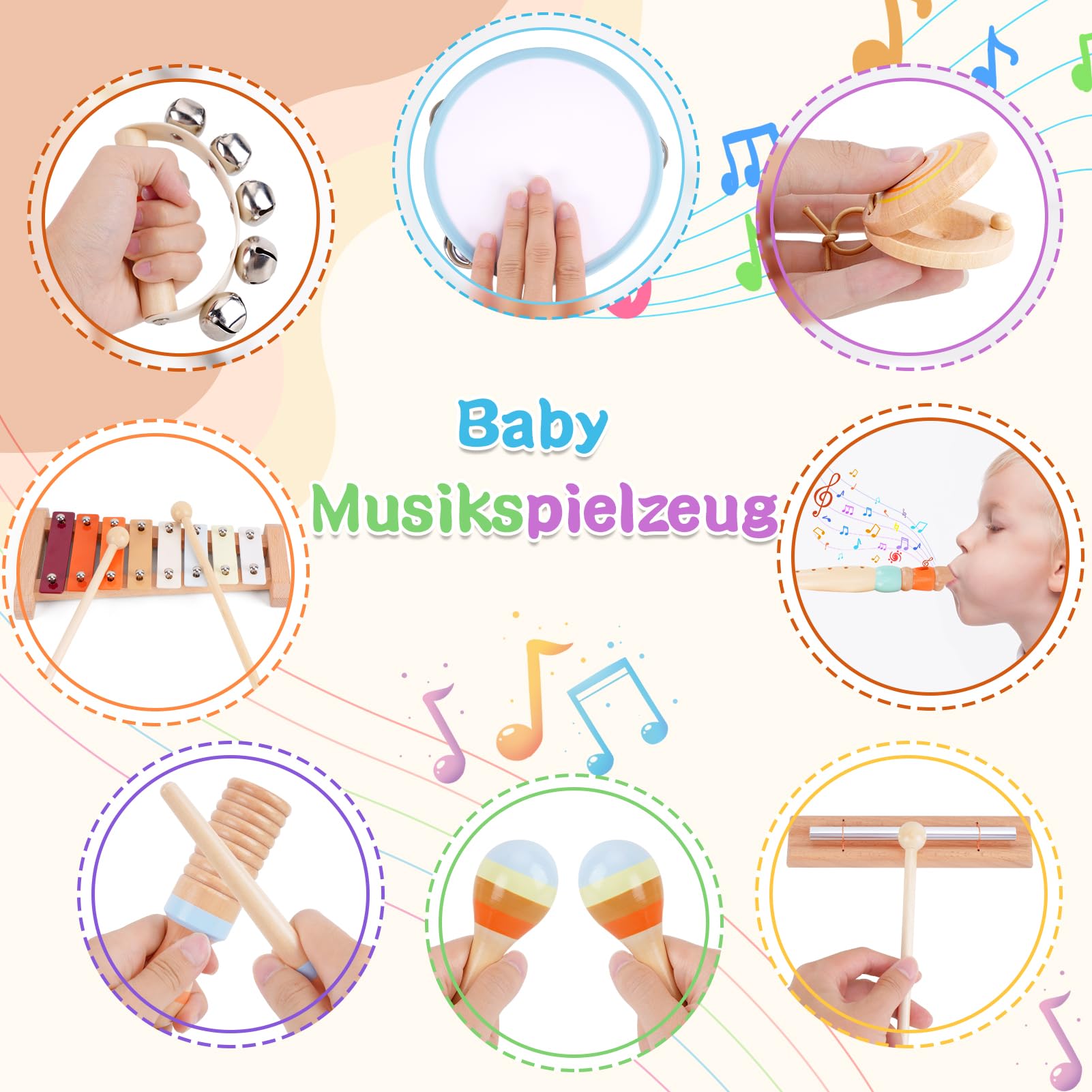 ATOYUS Montessori Musikinstrumente Spielzeug für Kinder ab 1 Jahr, Holz Schlaginstrumente für 1-3 Jährige Jungen und Mädchen, mit Xylophon, Maracas, Geschenk zum 1. Geburtstag & zu Weihnachten