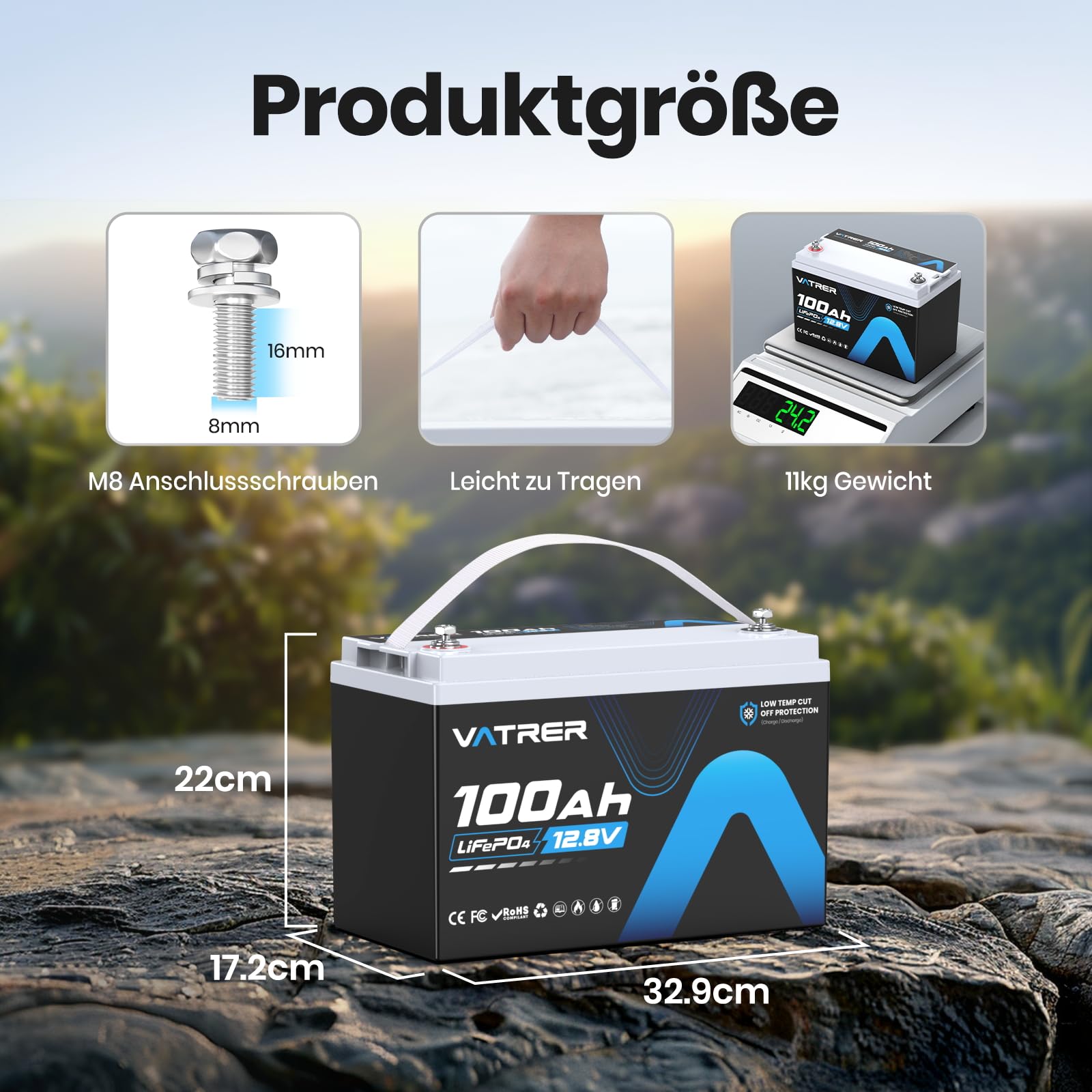 12V 100Ah LiFePO4 Akku mit Niedrigtemperatur-Abschaltung & 100A BMS, 5000+ Zyklen, 1280W für Wohnmobil, Camping, Boot & Solar-Heimanlagen