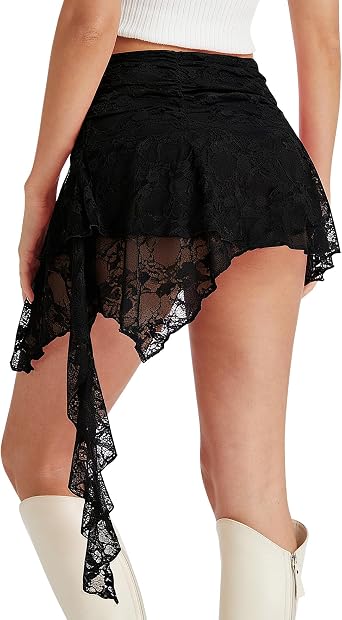 Women's Lace Mini Skirt Sexy Y2k Floral Lace Skirts Layered Ruffled A Line Short Skirt for Party, Club, Casual