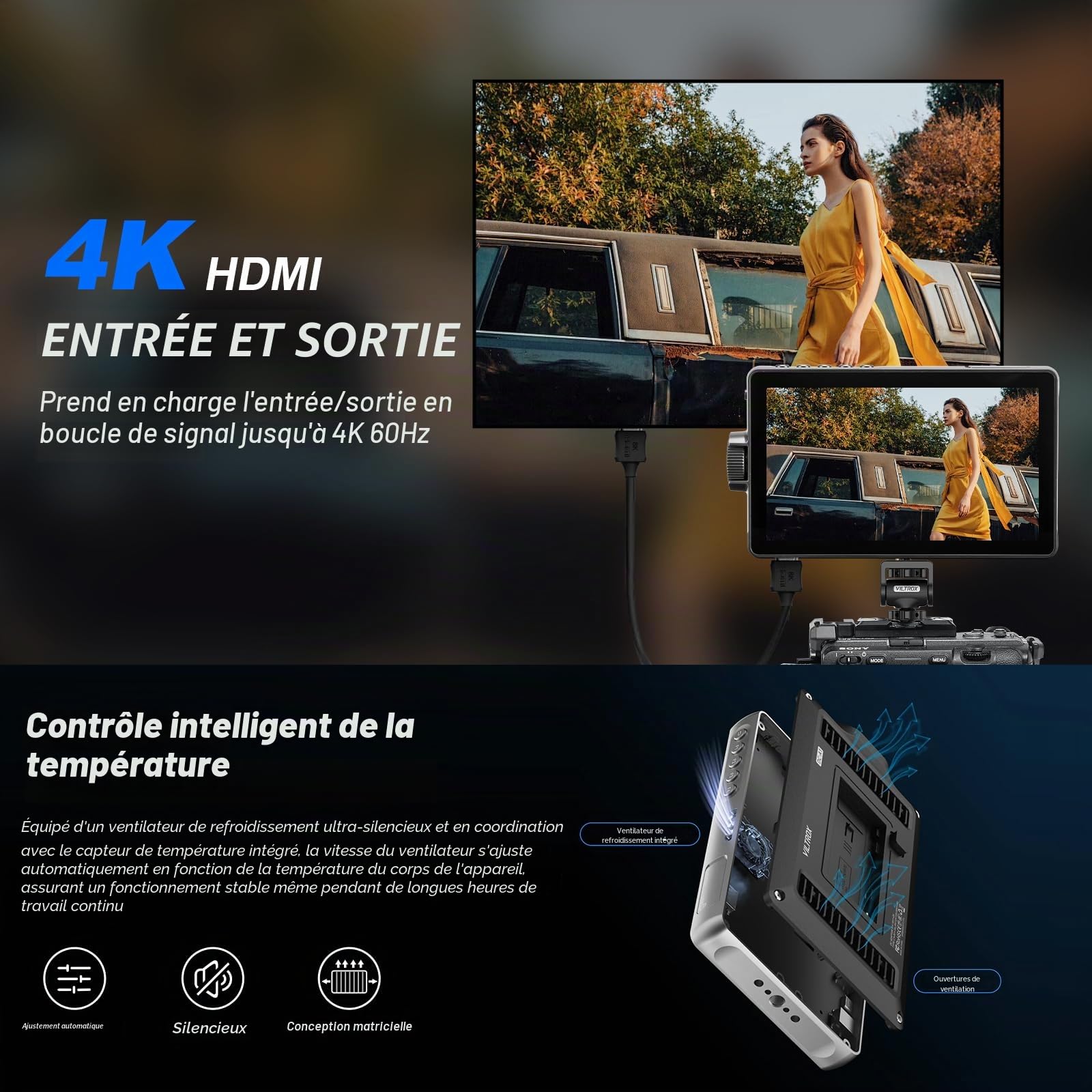 VILTROX DC-A1 Moniteur de Terrain pour Caméra Ecran Tactile,Externe Camera Monitor 2800Nits Haute Luminosité 7 Pouces 1920x1080 3D LUT avec Ventilateur,Batterie,Pare-Soleil pour Sony Canon Nikon Fuji
