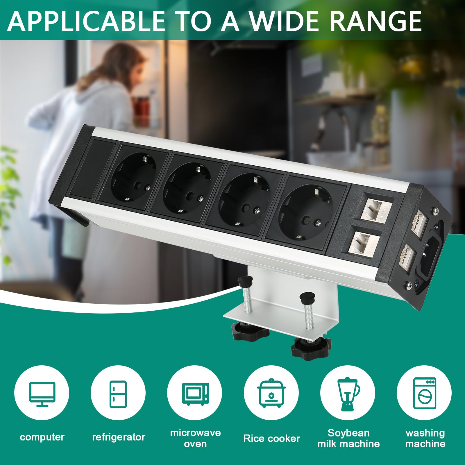 Ciabatta elettrica da tavolo a 4 prese con 2 RJ45 per scrivania, cucina, piano di lavoro, cavo da 1,5 m (presa da tavolo da agganciare)