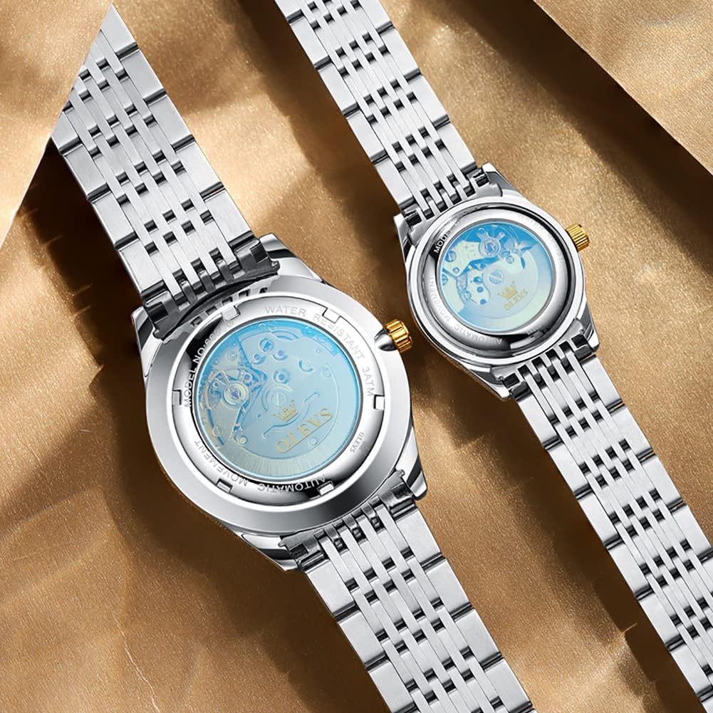 Close-up of the back of an OLEVS automatic mechanical watch, revealing the intricate movement through a transparent case back.