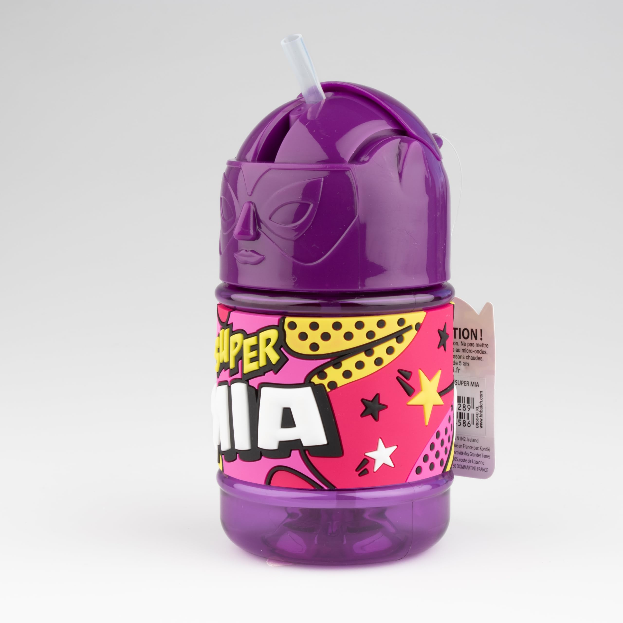 Bottiglia personalizzata per bambini, borraccia con cannuccia - Super Mia, viola