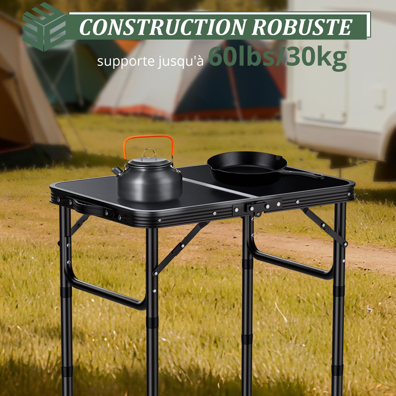 EYPINS Table Pliante Portable Multifonction 3 Hauteurs(25/50/70 cm) en MDF Noir avec Cadre Acier Argenté,Pliable,Charge 30 kg pour Camping,Pique-Nique,Bureau Maison,Usage Intérieur/Extérieur(Noir)
