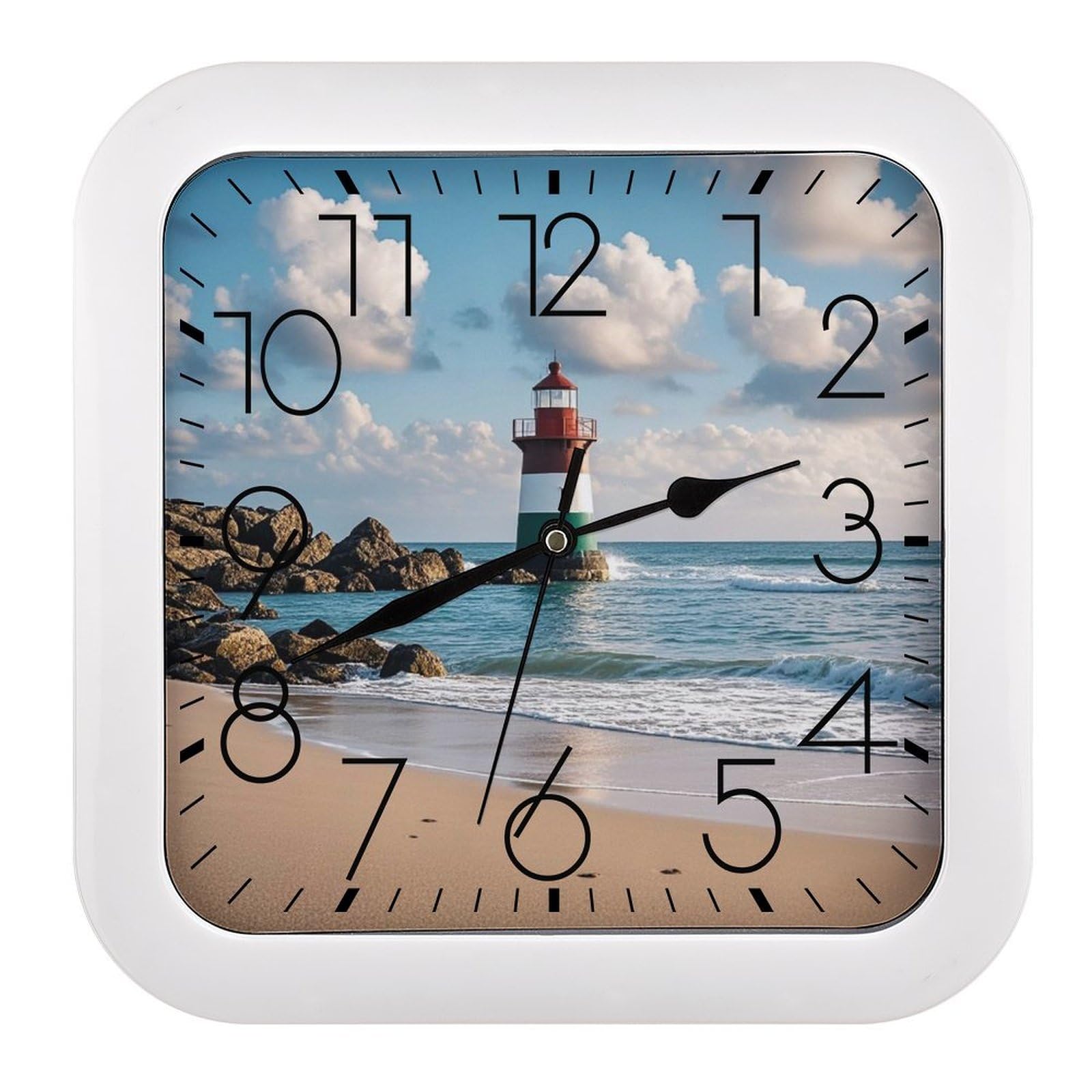 LZQPOEAS Sea Lighthouse Sandbeach Wall Clock Fashionable Versatile Silent Wall Clock Simple Elegant Non Ticking Analog Clocks Easy to Install Square Modern Clocks for Home Decoration