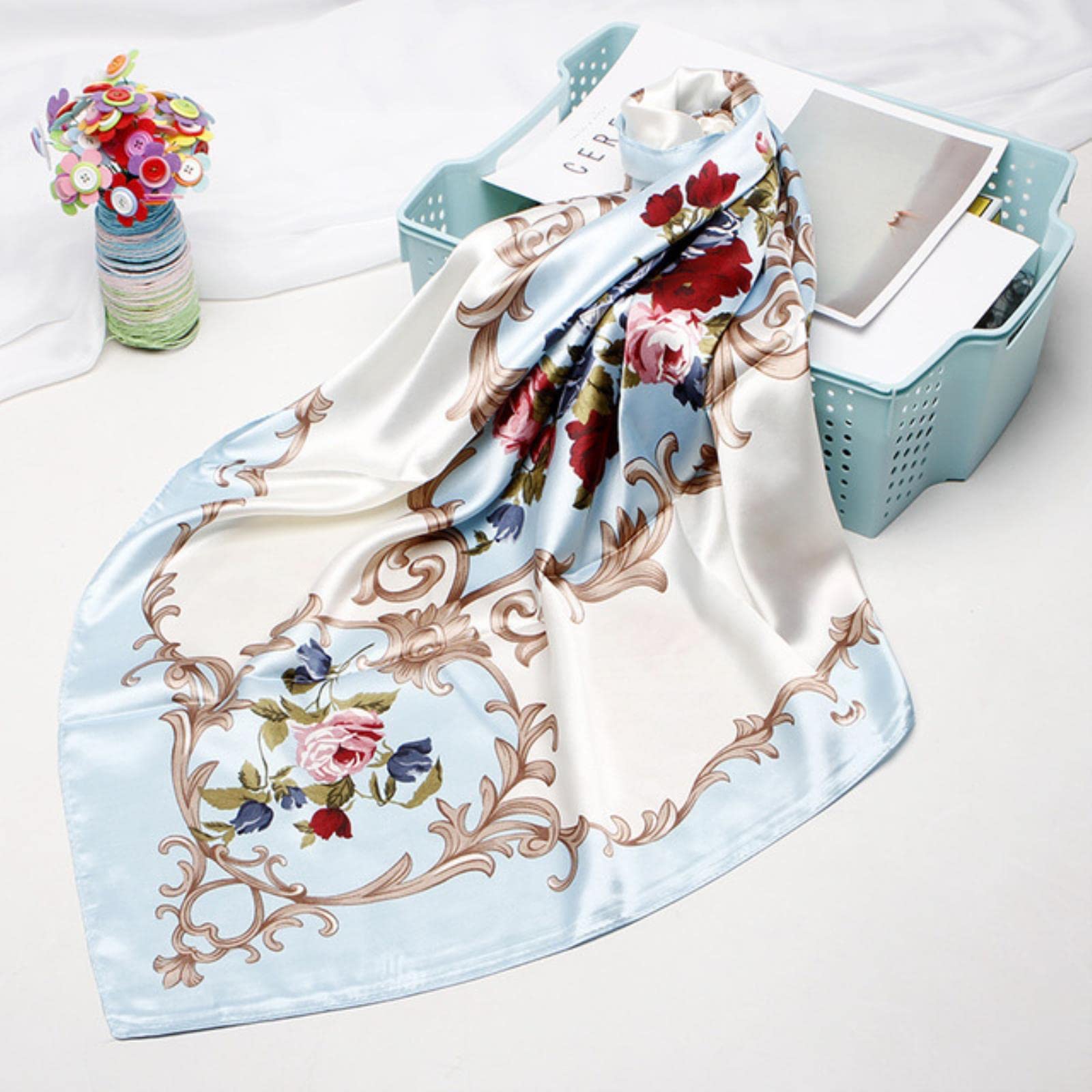 Bufanda Moda Estampado Floral Pañuelo para el Cabello para Mujer Pañuelo Seda Satén Hijab Bufandas 90 * 90Cm Chal Cuadrado Diadema Bufandas para Damas (Azul Cielo 90X90cm)