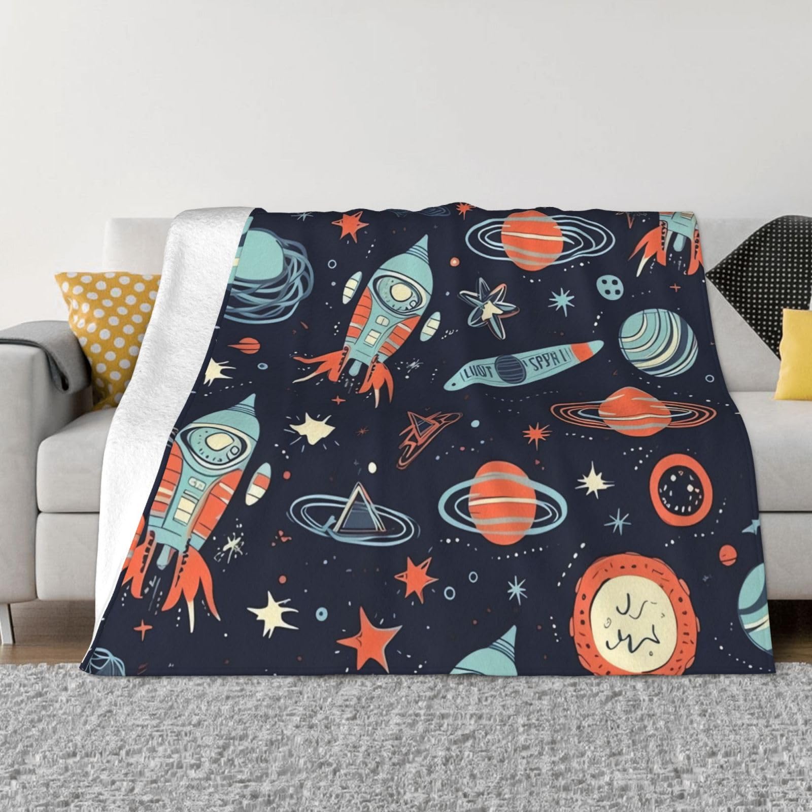 Couverture en flanelle avec imprime espace retro cadeau ideal