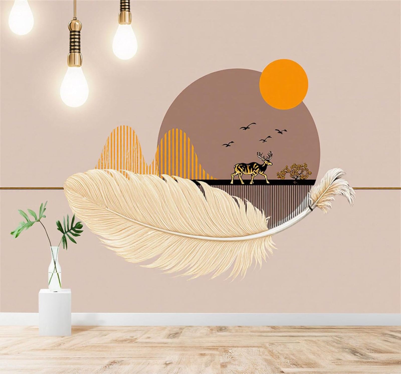 XLMING Golden Deer Feathers Sunlight Abstract Mountains 3D Wallpaper Premium Textured Silk Study Dining Living Room Bedroom Sofa TV Wall Easy Install-250cm×170cm