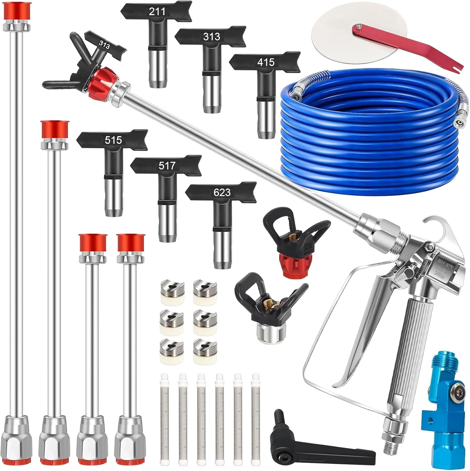 22PCS Airless Paint Sprayer Gun Kit, 3600PSI Spray Gun with 50FT Hose, 6 Reversible Spray Tips (211/313/415/515/517/623), 4 Extension Rods, Tip Guards, Filters, Fits for Indoor/Outdoor Painting