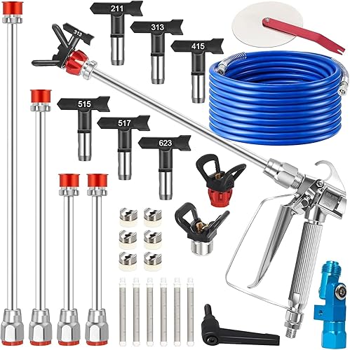Kit de pistola pulverizadora de pintura sin aire de alta presión de 3600 PSI, pistola rociadora con manguera de 50 pies, 6 puntas reversibles