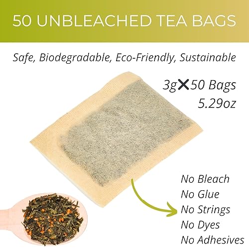 Miniatura 2 de Bolsas de té verde Genmaicha orgánico de 5.29 oz con arroz tostado, 50 unidades, sin blanquear, bolsas de té Genmaicha respetuosas con el medio