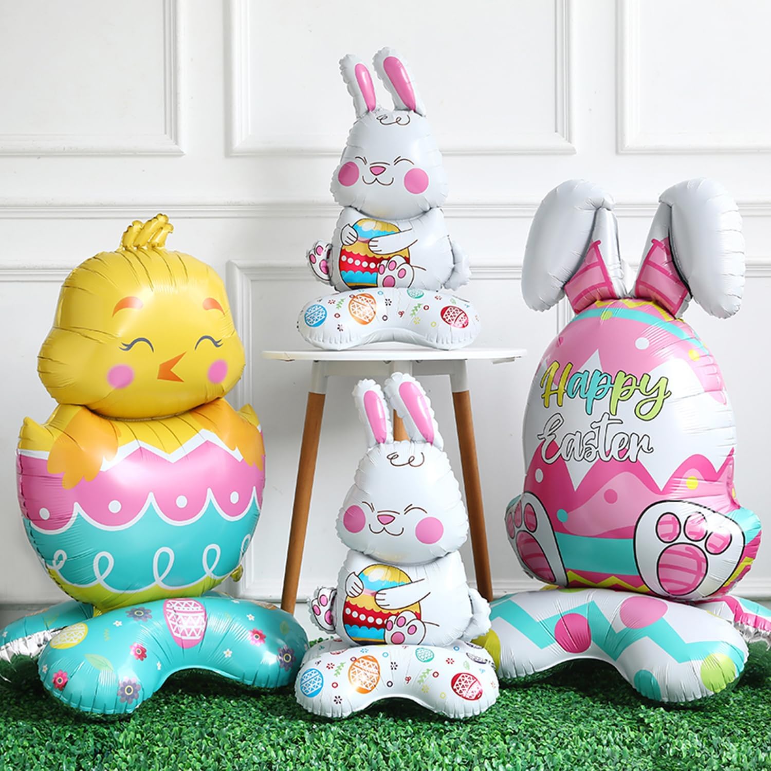 4Pcs Easter Balloons,Large Size Bunny Rabbit Chicken Egg Shaped Mylar Foil Balloons for Happy Easter Birthday Party Home Spring Decorations