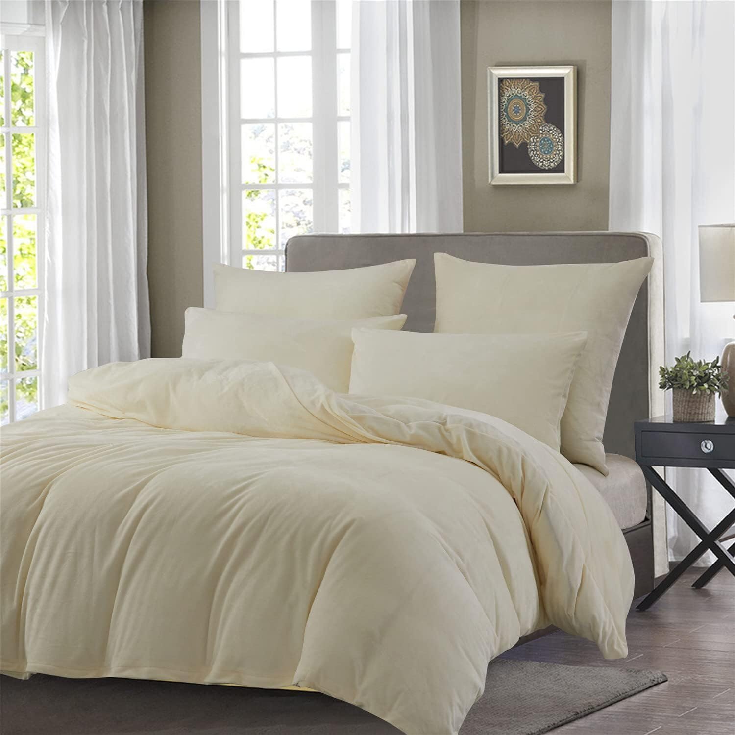 Gezu - Funda nórdica de franela de 220 x 240 cm, color beige y blanco, invierno, juego de cama de terciopelo de doble cara, espeso, mullido y cálido, para 2 personas con 2 fundas de almohada de 65 x