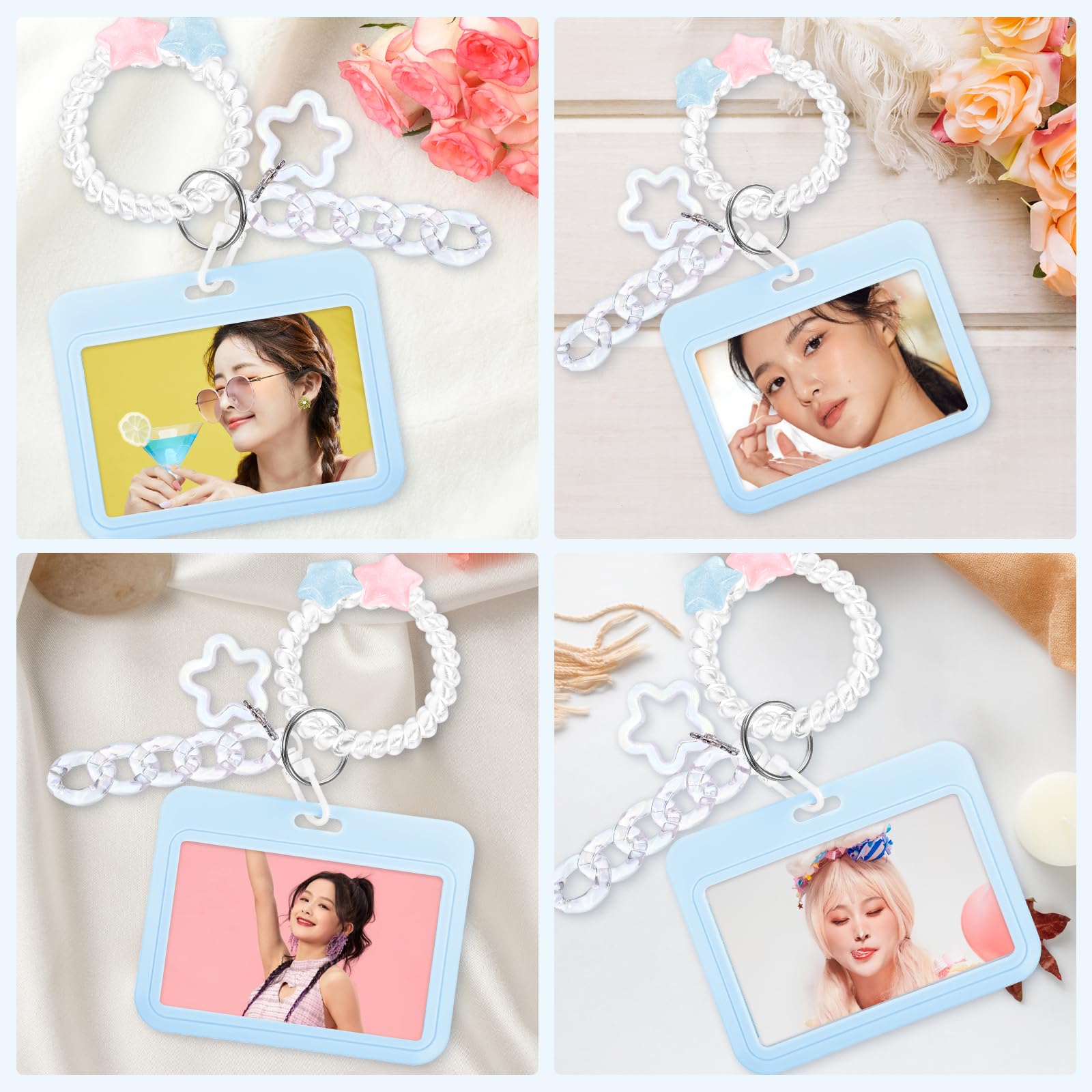 Yuanchu Poziomy akrylowy uchwyt na fotokartkę Kpop, ramka na fotokartkę, stojak na fotokartkę, kpop, organizer na fotokartkę, z brelokiem, gwiazda, dekoracja stołu, niebieski