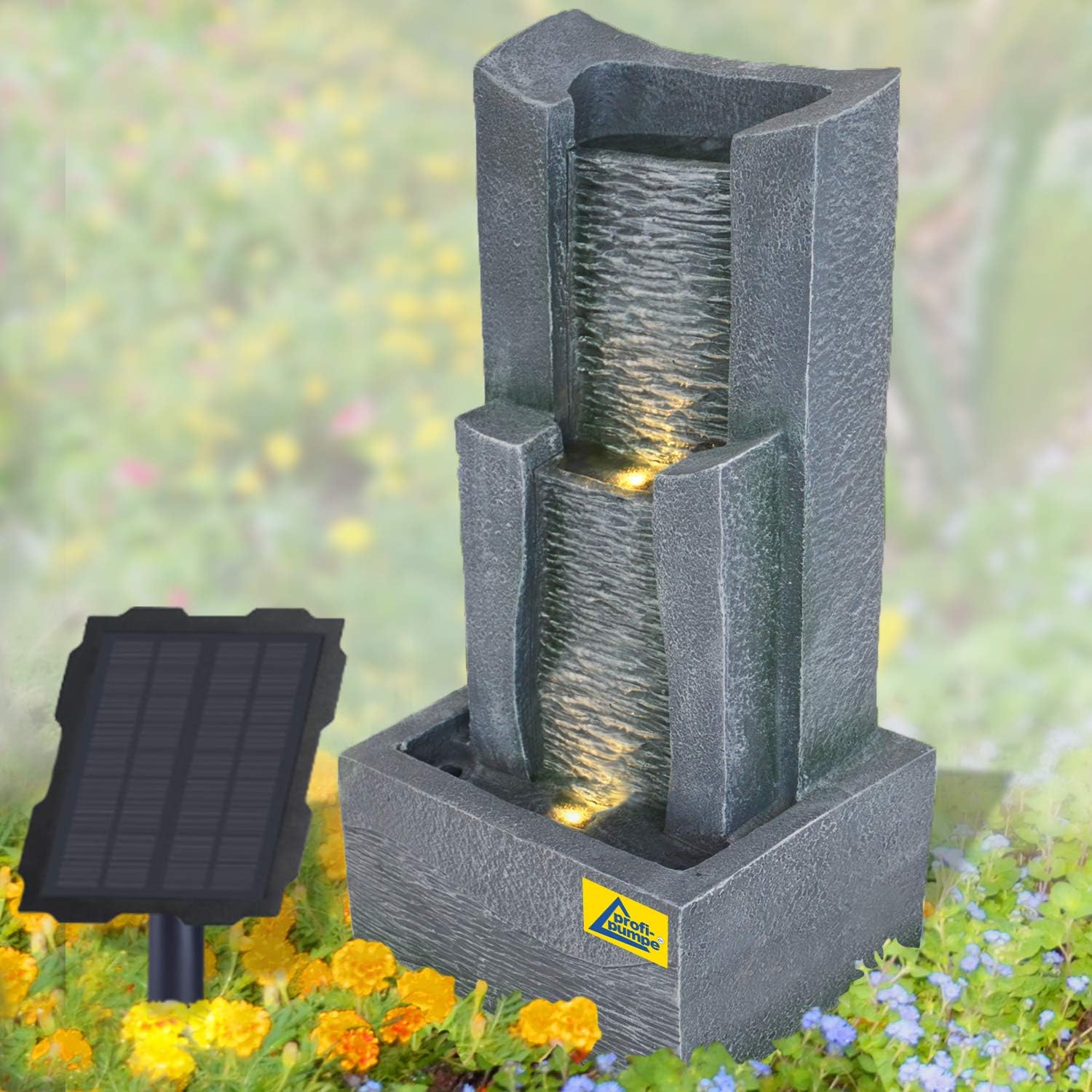 Fontana da giardino a energia solare, a 3 livelli, a cascata con luce LED, fontana decorativa a cascata, colore grigio chiaro