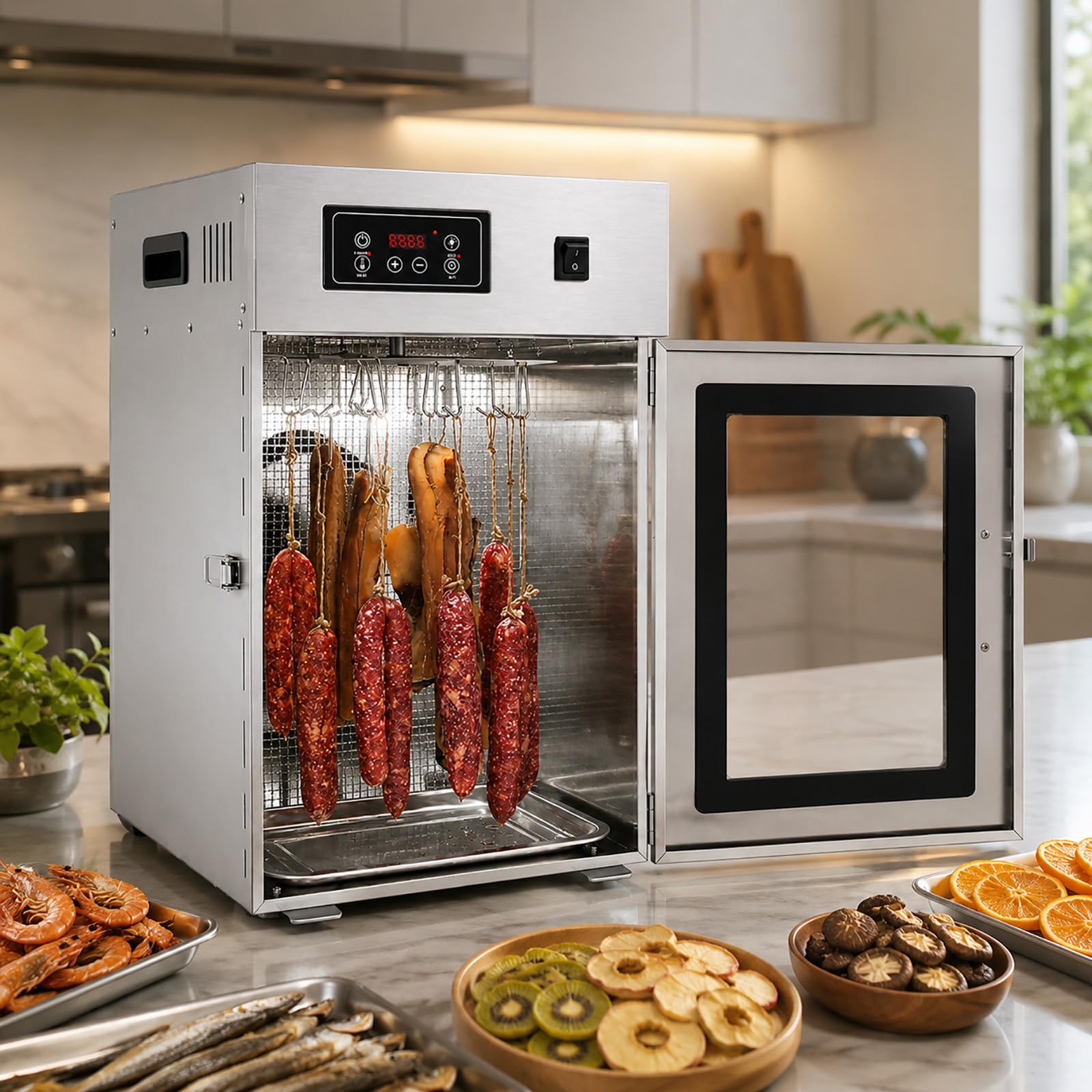 Secador de Embutidos 7.5KG/15KG - Deshidratador Profesional para Carne, Pescado, Frutas y Verduras con 14/30 Ganchos 7.5KG