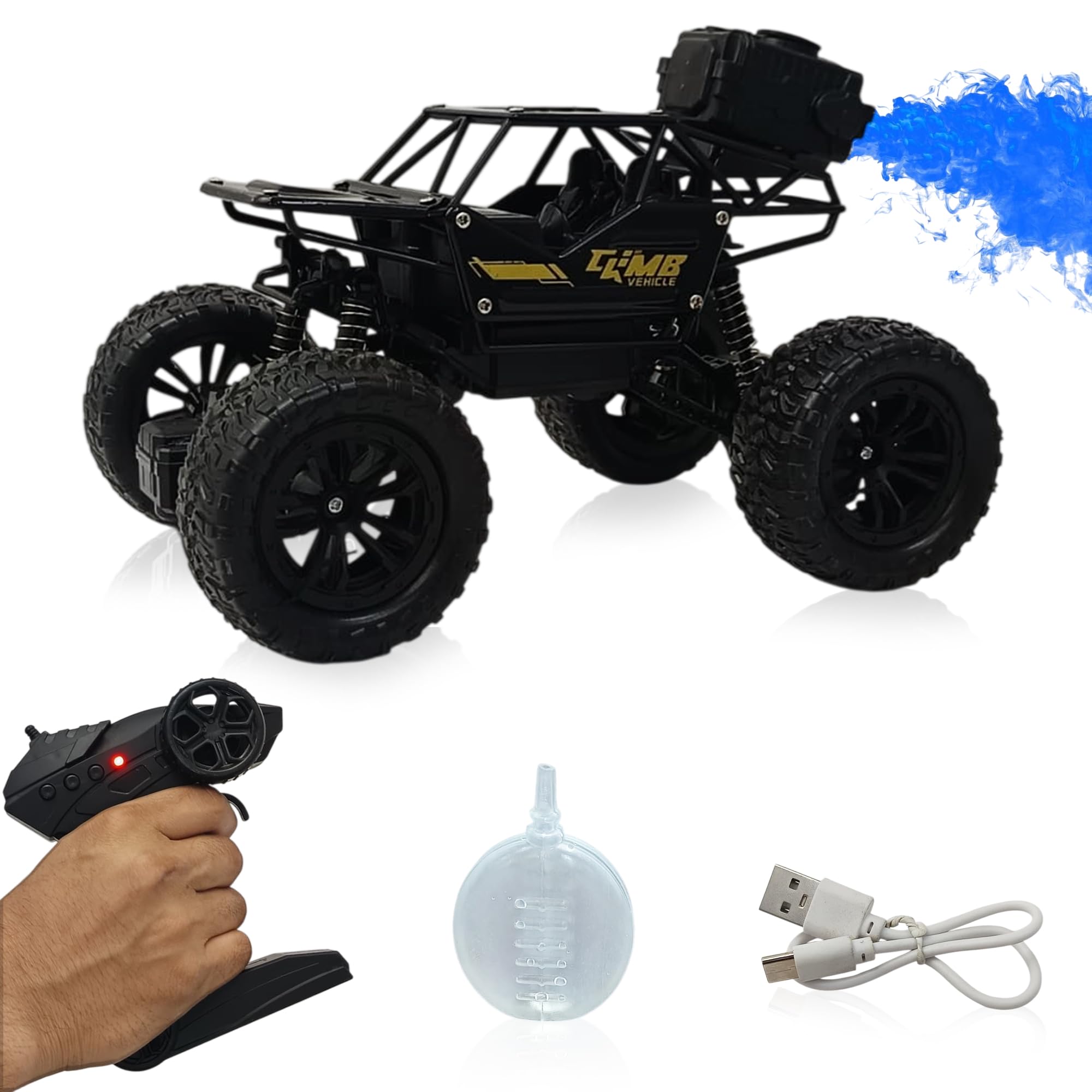 NHR Rechargeable Remote Control Car Toy with LED Smoke Effect and Anti-Slip Tyres, 1:18 Scale, Off-Road RC 2WD Monster Truck Gift for Kids Boys and Girls Age 3+ (Black)
