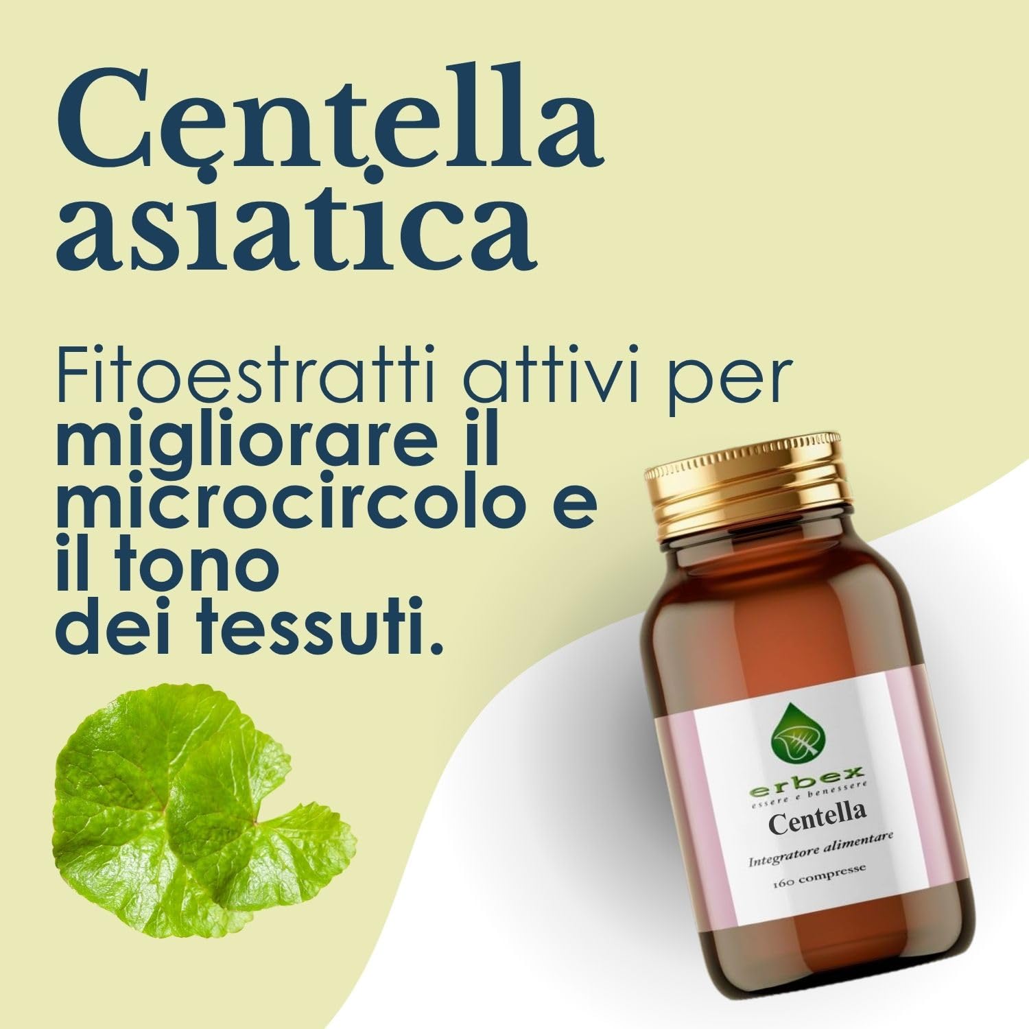 ERBEX - Centella Asiatica 160 Compresse | Polvere Micronizzata Parti Aeree | 984 mg per Dose | Funzionalità del Microcircolo | Inestetismi della Cellulite | Integratore Alimentare