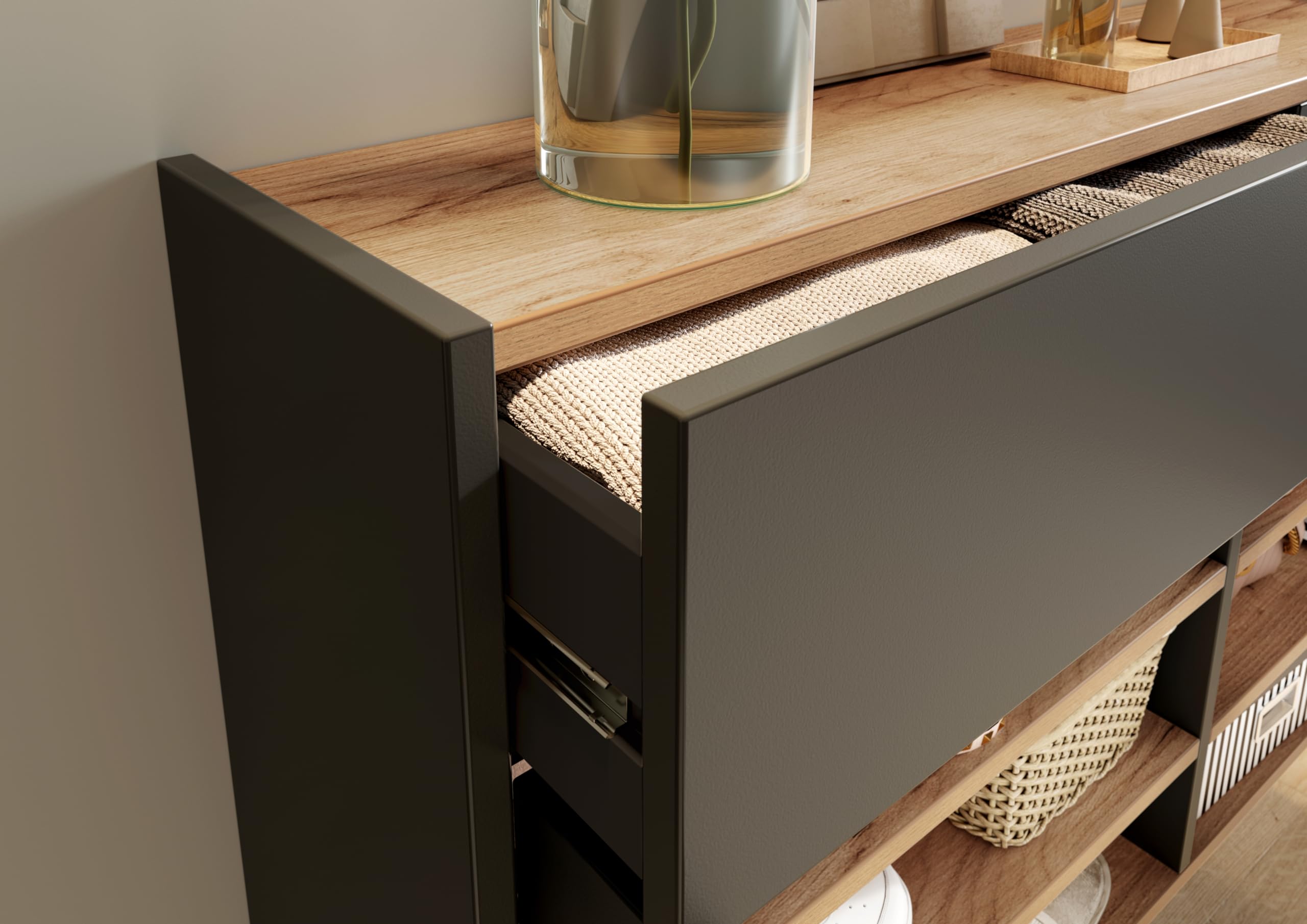 Germania Armadio pensile multiuso con finitura grigio grafite/rovere 1398-549 GW-Ameca, profondità ridotta, ideale per corridoi stretti, 110 x 57 x 22 cm (L x A x P)