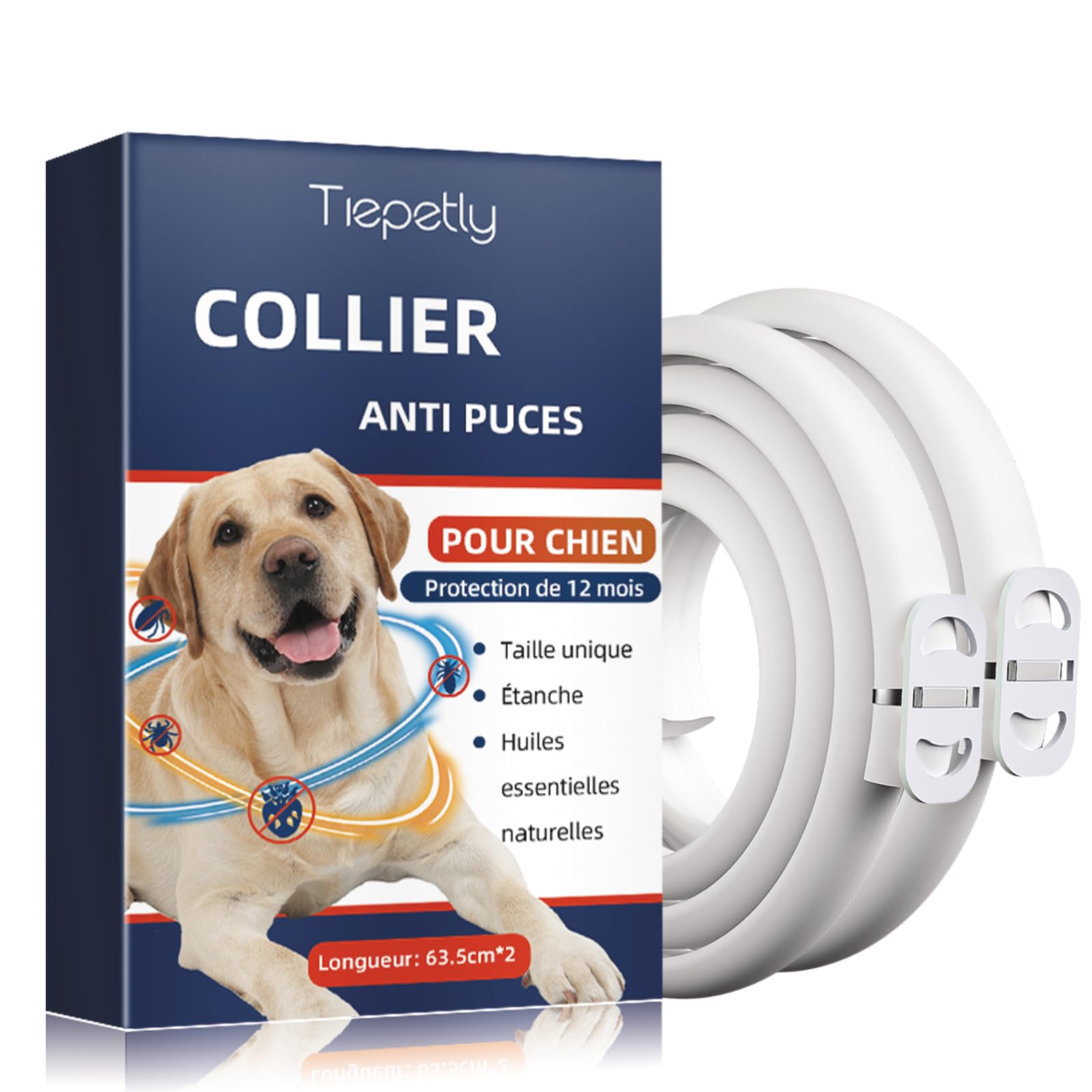 Collier Anti Puces pour Chien Réglable, Élimine Puces, Tiques, Poux, Résistant à l'eau, Huiles Essentielles 100% Naturelles, pour Chiens Grands, Moyens et Petits (63.5CM,2PACK)