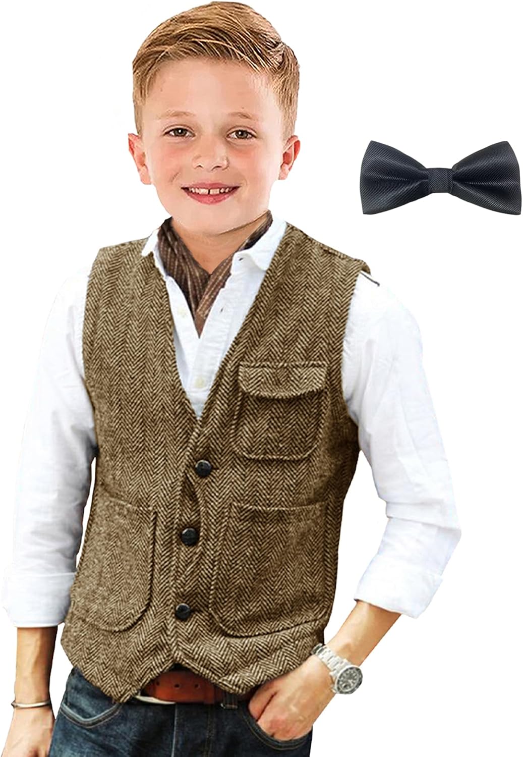 Retro Boys Tweed Vest Western Waistcoat Classic Sleeveless Jacket