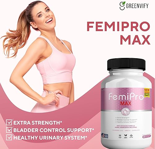 Miniatura 5 de FemiPro MAX Suplemento de apoyo urinario para mujer, 60 cápsulas, control de vejiga extra fuerte con arándano, hibisco, diente de león, vegano, sin