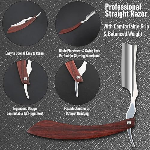 Miniatura 6 de Maquinilla de afeitar recta con estropa maquinilla de afeitar profesional de borde recto de acero inoxidable de primera calidad con trampa de