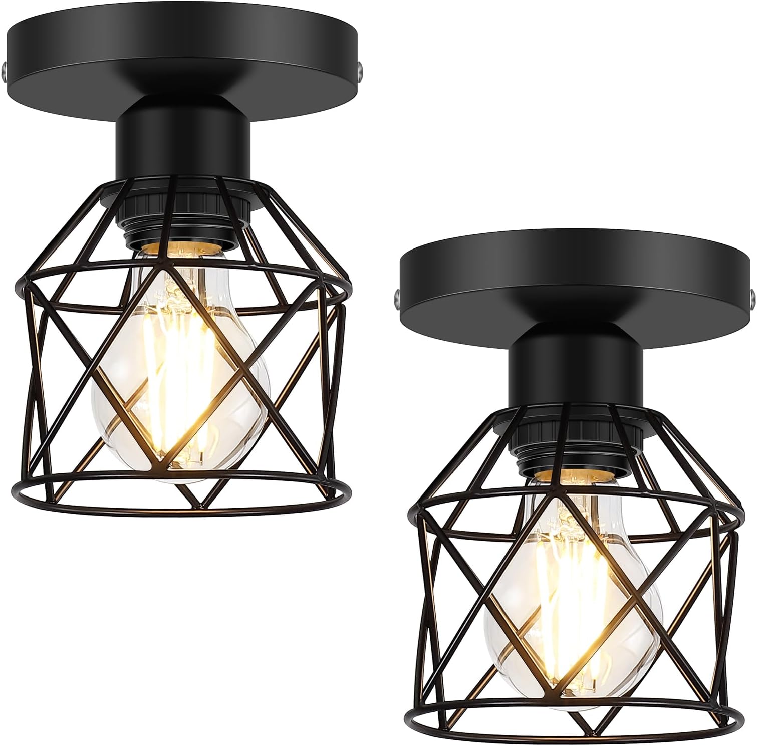 FadimiKoo 2-Pack Farmhouse Semi Flush Mount Ceiling Light, Black Hallway Light Fixtures Ceiling Mount, Small Metal Cage Indoor Ceiling Lamp for Kitchen Porch Bedroom (LED Bulbs Included)