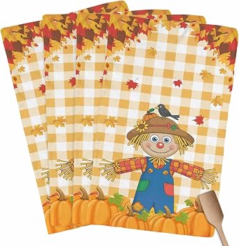 Straw Man Thanksgiving Pumpkin Maple Leaf Kitchen Towels 4 Pack,Microfiber Dish Towel Set Fall Orange Buffalo Plaid Soft Highly Absorbent Tea Hand Towel Quick-Drying Cleaning Towels Dish Cloths