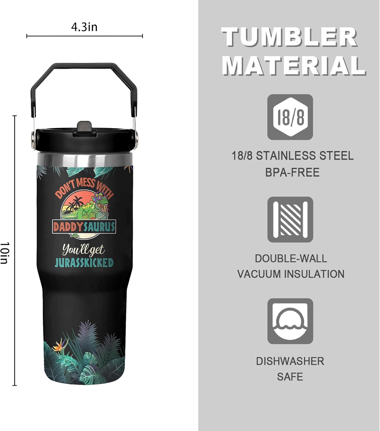 30 Oz Papasaurus Tumbler with Handle and Straw, Daddy Cup Insulated Best Daddy Mug, Double Wall Stainless Steel Dadasaurus Cup, 30 Oz Leak Proof Daddy Mug and Travel Mugs for Dad Gifts - Image 2