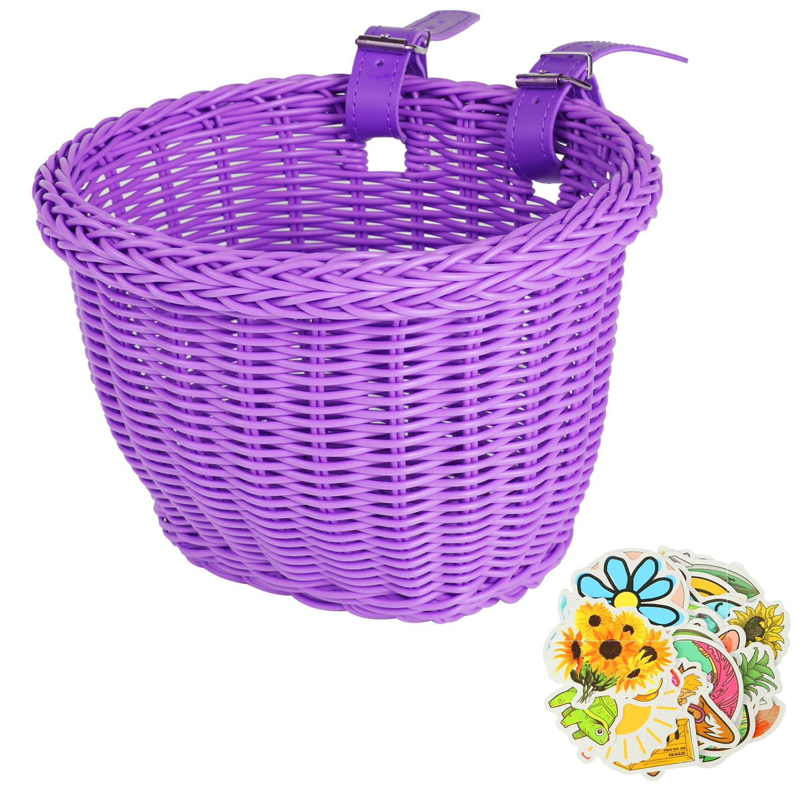 JIUAI Kids' Bike Basket, Handwoven Children's Cycle Basket with Personalised Sticker Pack, Scooter Basket for Boys and Girls, Easy to Install & Detachable with Leather-Look Strap. (Purple)