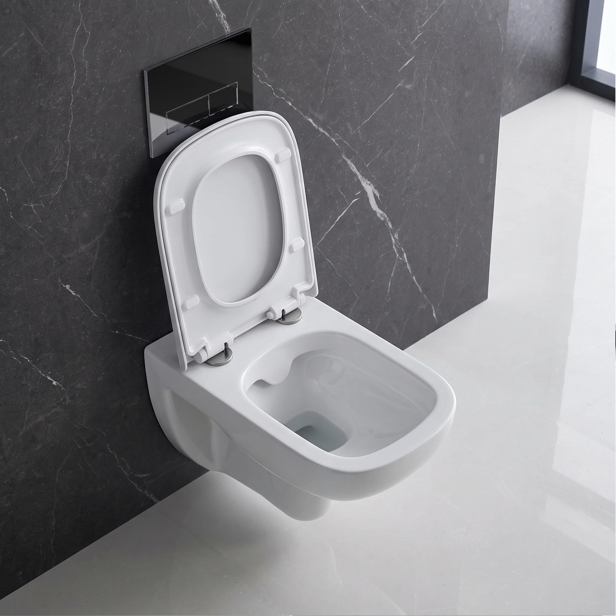 Set per WC con piastra di pressione + WC da parete Capri Slim senza bordo + sedile WC con chiusura soft close (RC)