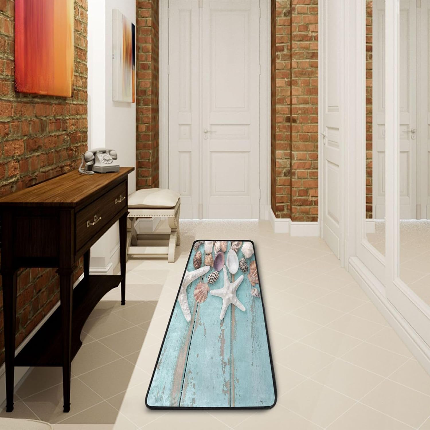 MNSRUU Long Runner Rug for Hallway Sea Shells On Teal Wooden Area Rug Indoor Runner Mat Entry Carpet for Corridor Kitchen Floor 2x6 FT