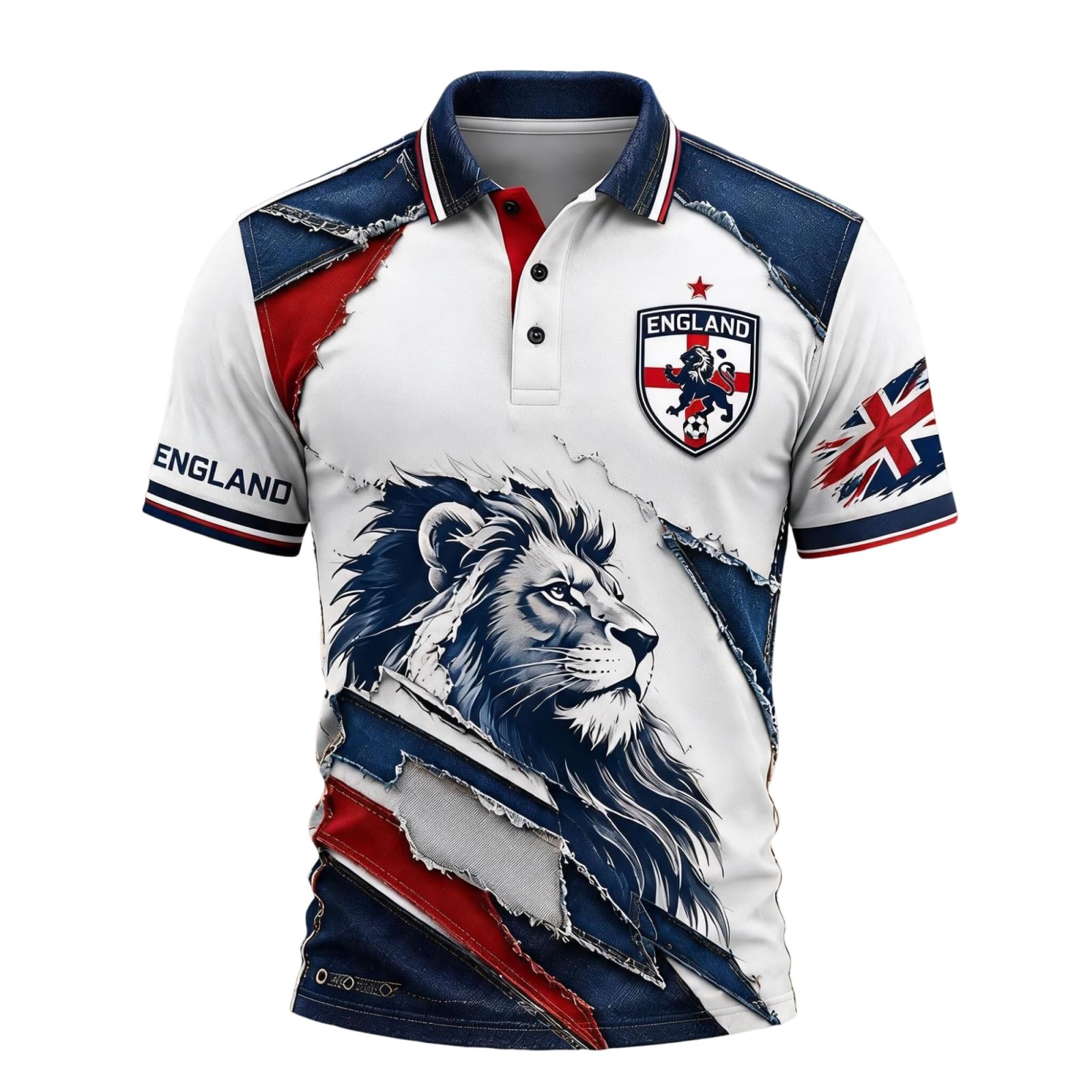 England World Cup 2026 Shirt Lion Print Short Sleeve Polo Shirt for Supporters of Football Casual National Flag Print Button Down Collar Top Outdoor Sports Shirts for Men Pink M