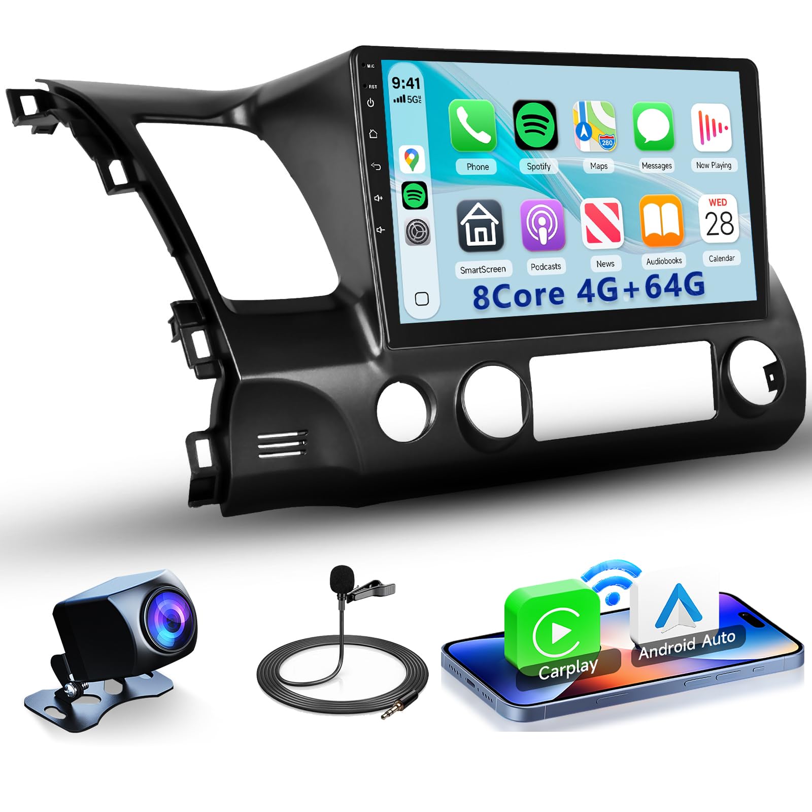 8 Core 4G+64G CarPlay Radio for Honda Civic 2006-2011, Rimoody Android 13 Car Stereo GPS 4G-WiFi Android Auto Mirror Link 10.1 Inch Touchscreen