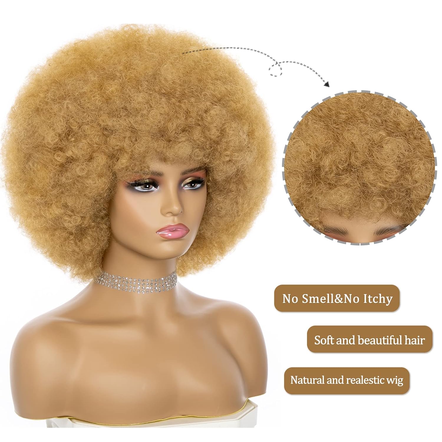 Afro Wig For Women - Blonde Soft 70s Afro Kinky Curly Hair Wigs With Bangs Natural Looking Short Afro Curly Wig Bouncy Brown Puff Synthetic Hair Wig For Daily Party Use