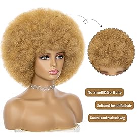 JSDshine Afro Wig For Women - Blonde Soft 70s Afro Kinky Curly Hair Wigs With Bangs Natural Looking Short Afro Curly Wig Bouncy Brown Puff Synthetic Hair Wig For Daily Party Use