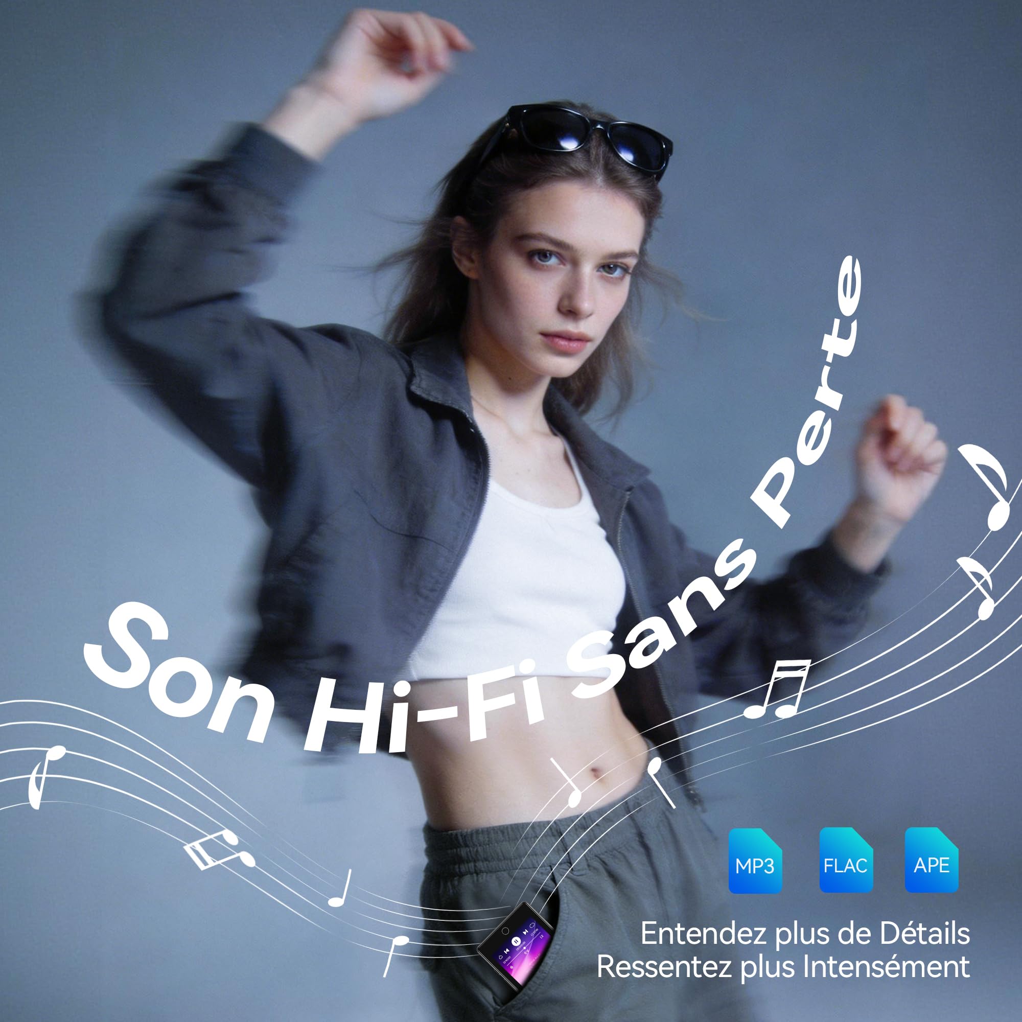 AGPTEK Lecteur MP3 Bluetooth 5.3 64Go, Baladeur Numérique 2.8" Écran Tactile HiFi Sport avec Haut-Parleur Radio FM Enregistreur