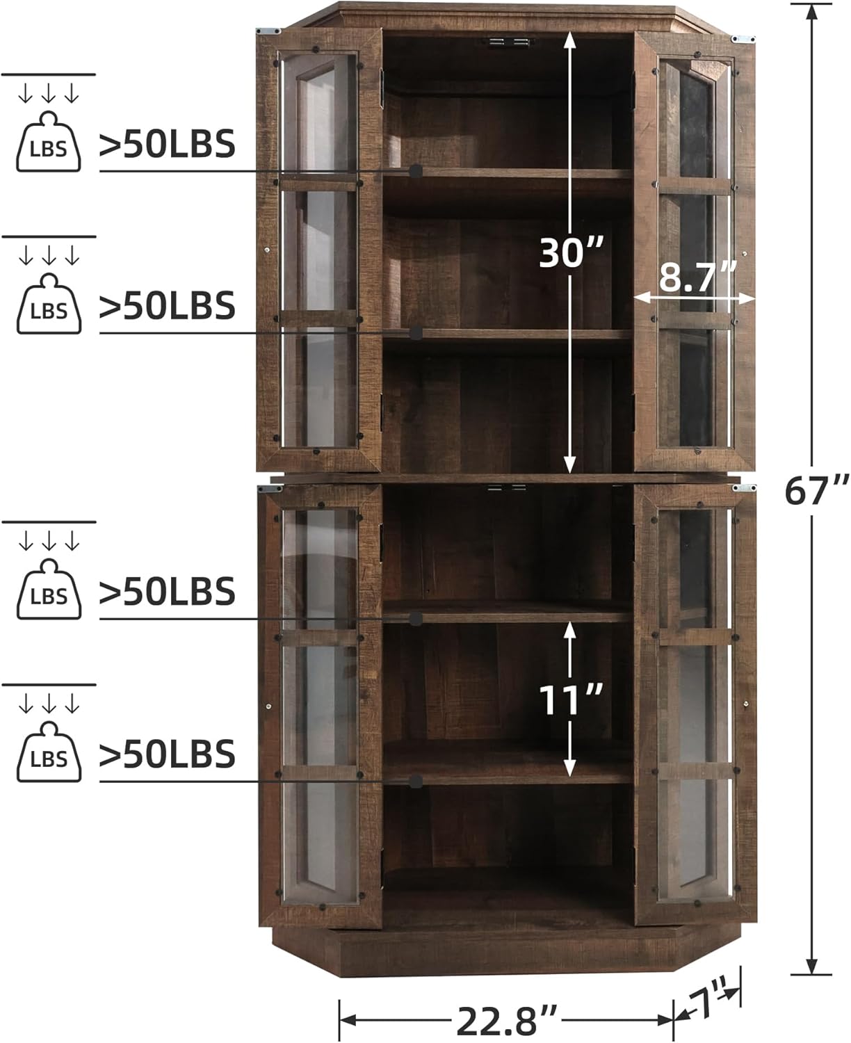 ALBAD 67 Inch Corner Curio Cabinets with Glass Doors 6 Tiers Tall Wood Display Cabinet for Dining Room Living Room Home Bar Ideal for China/Wine/Liquor/Collectibles, Retro Brown