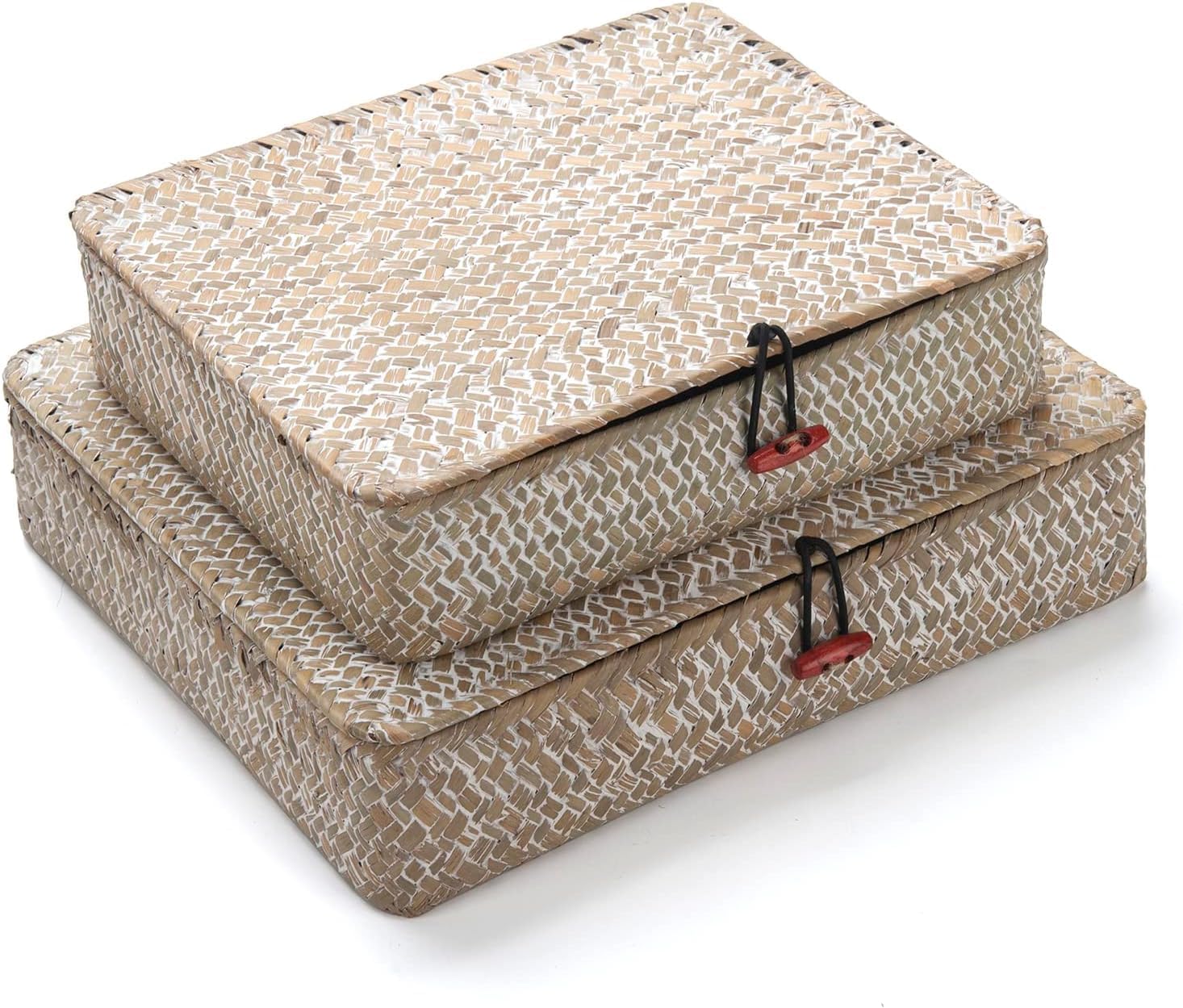 Seagrass Storage Baskets with Lid, Flat Wicker Basket, Shallow Woven Basket for Shelf, Decorative Storage Boxes for Organizing