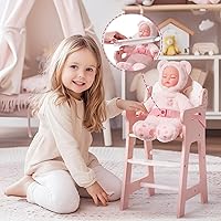 Vista 5 de ROBUD Silla alta de muñeca de bebé, silla alta de juego de simulación con cinturón de seguridad, accesorios de muñeca de madera rosa con mesa móvil