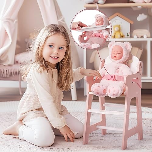 Miniatura 5 de ROBUD Silla alta de muñeca de bebé, silla alta de juego de simulación con cinturón de seguridad, accesorios de muñeca de madera rosa con mesa móvil,