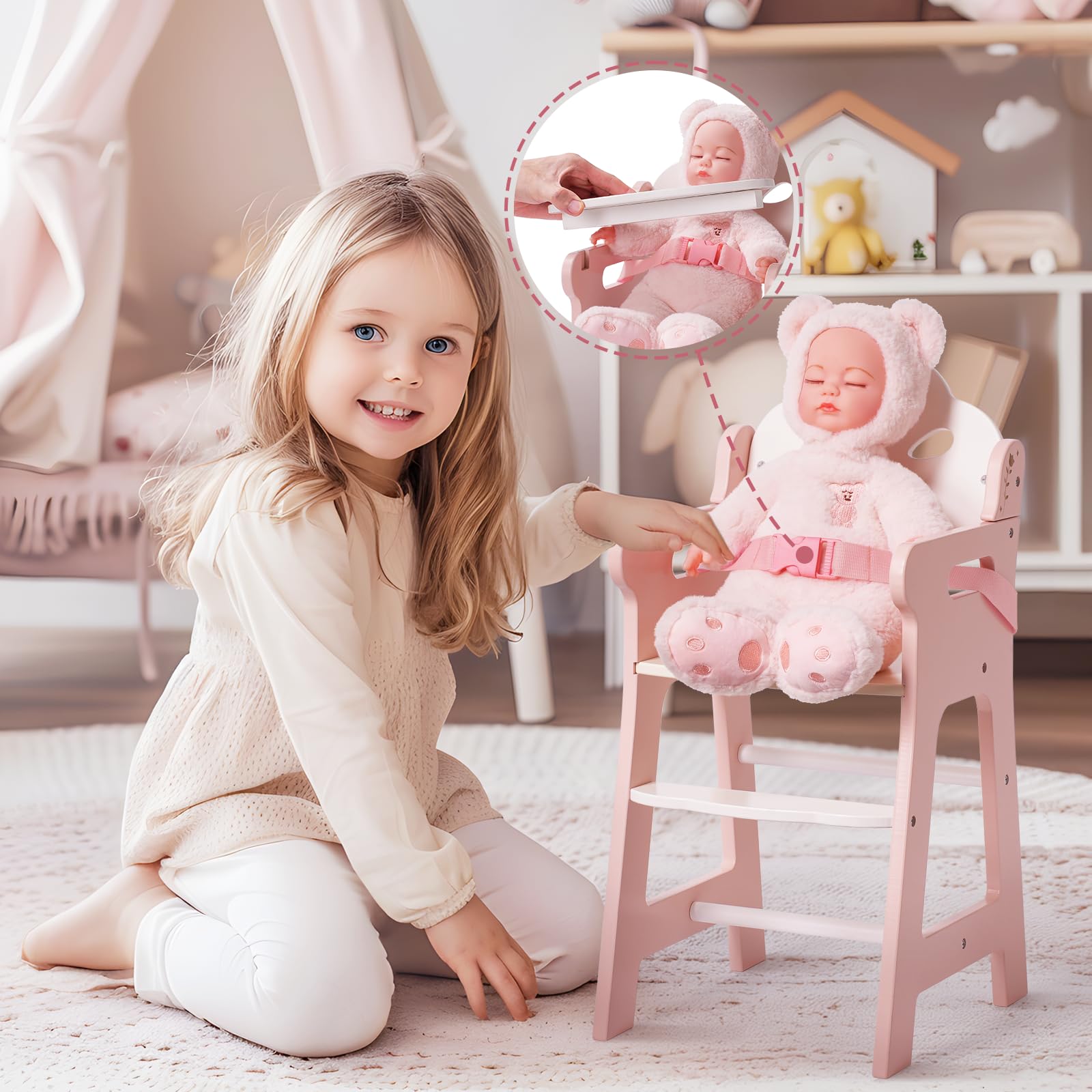 Silla alta de muñeca de bebé, silla alta de juego de simulación con cinturón de seguridad, accesorios de muñeca de madera rosa con mesa móvil, se adapta a muñecas de 18 a 20 pulgadas 5