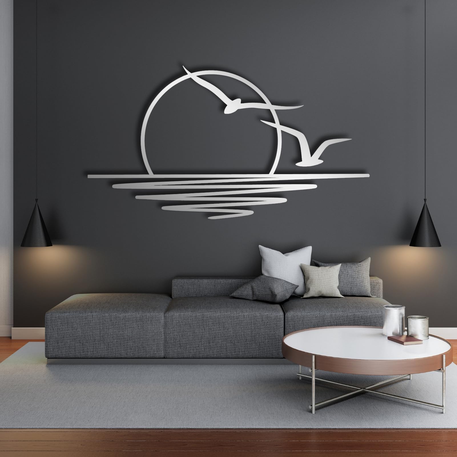 Sunrise wall art, Sea Sun and Seagulls Mmetal Wall Decor, Wall Hangings, Home Decoration, Bird art, Patio Decor, Above Bed Decor,Sunset Decor,Sun Wall Decor, Bird Wall Art (30 x17inches / 76x43 cm, silver)