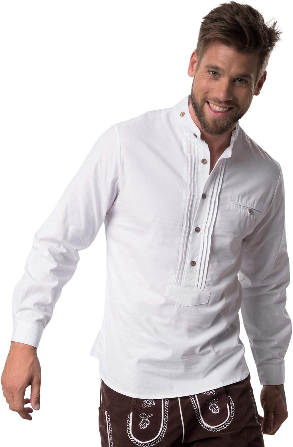 Trachtenhemd Herren Weiß - Oktoberfest Hemd Mit Stehkragen Slim Fit